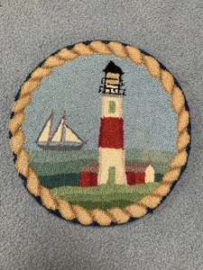 Hand Hooked Nautical Lighthouse Chair Pad 15" 100% Virgin Wool Nantucket Sound - Picture 1 of 9