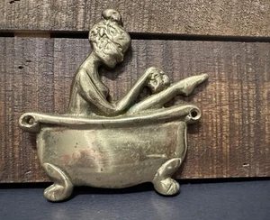 Vintage Solid Brass Bath Room Bathroom Lady Tub Plaque Sign Patina 4.5” - Picture 1 of 5