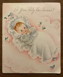 Vintage 40er Jahre Neu Baby Neugeborenes Glückwunschkarte mit Brief P4c - Bild 1 von 24