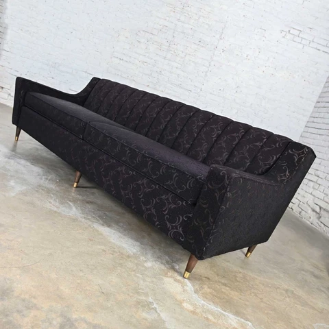 Mid-Century Modern Modified Lawson Style Sofa Black Frieze Fabric & Channel Back Cover