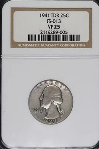 1941 Washington Quarter NGC VF25 TDR FS-013 *DoubleJCoins* 9101-76 - Picture 1 of 2