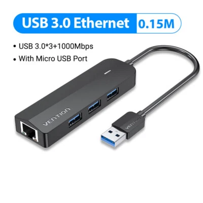USB 3.0 Hub Ethernet Adapter RJ45 Gigabit Splitter USB 3.0 Hub 3 Port Micro USB - Image 1 of 4