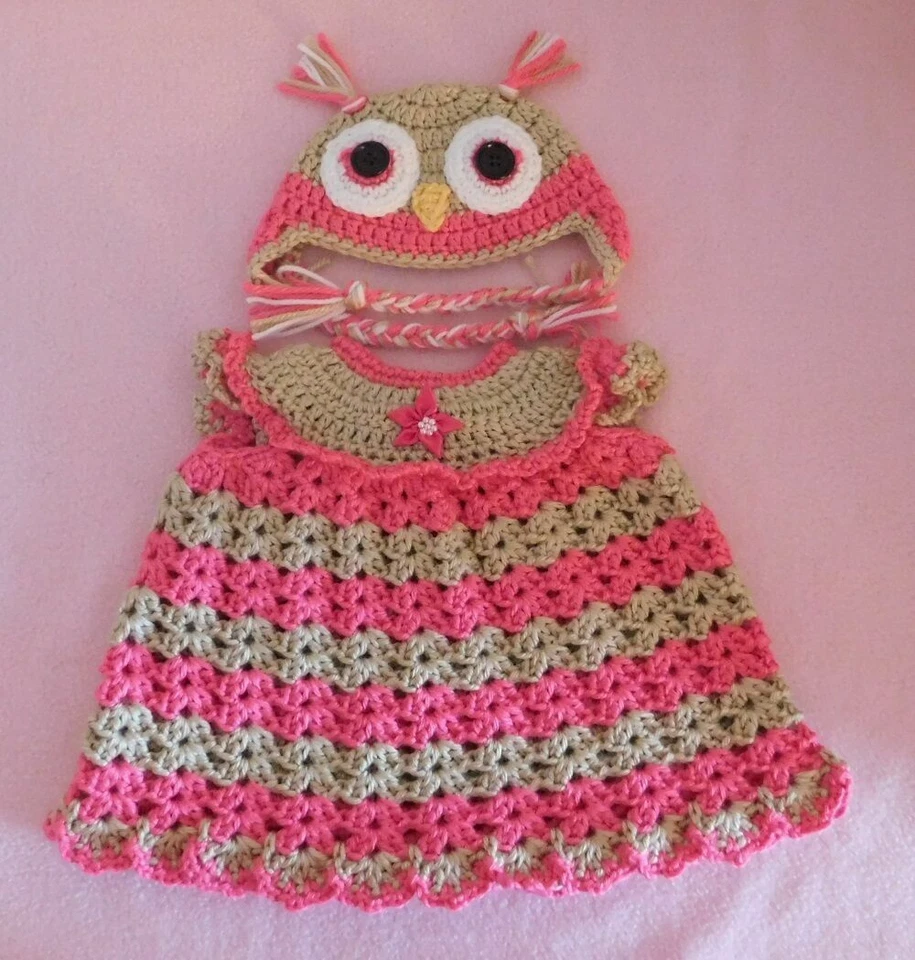 Conjunto de ropa para muñeca, vestido de ganchillo, vestido de búho rosa Ht y sombrero para muñeca de 15-17" Foto 1 de 3
