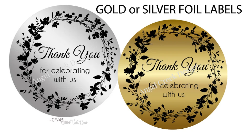 Lámina de oro o LÁMINA DE PLATA Pegatinas Sellos Etiquetas Pegatinas Gracias Favores de boda Foto 1 de 1