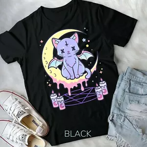 Kawaii Pastel Goth Cute Creepy Black Cat - Unisex Form T-Shirt - Picture 1 of 10