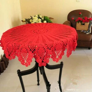 36" Red Vintage Hand Crochet Lace Flower Tablecloth Round Table Topper Doily - Picture 1 of 4