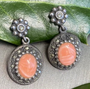 Vintage Coral Earrings Estate Fine Jewelry Pre-owned Sterling Silver Etruscan - Picture 1 of 17