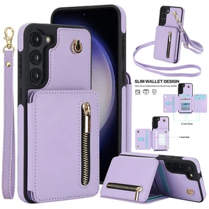 For Samsung Galaxy S24 Ultra S23 S22 S21Plus Leather Wallet Case Crossbody Strap - Picture 1 of 76