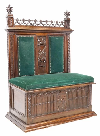 Antique Hall Bench, French Gothic Revival, Armorial, Carved Wood, Green,  1800s! Cover