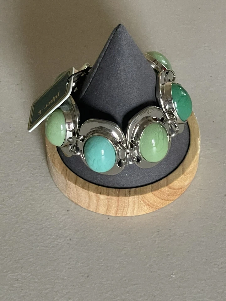 "JUEGO BISEL TONO PLATA PIPER K IMITACIÓN VERDE/AZUL TURQUESA PULSERA 7,5""" Foto 1 de 1