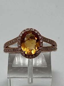 Anello oro rosa 10 kt forma ovale citrino e diamanti 0,20 ct aureola misura 7 nuovo - Foto 1 di 12