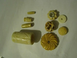 LOT of 9 DIFFERENT Older Carved Bone Beads, Barrels, Tubes, Pin Wheel, Button - Picture 1 of 12