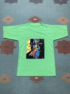 Vintage skateboard t shirt neon green cut and sew 80s 90s rainbow youth large - Picture 1 of 4
