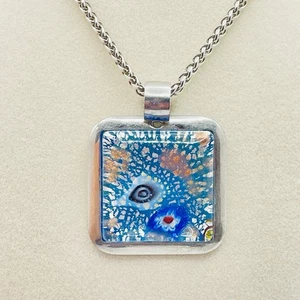 Dichroic Glass Millefiore Square Silver Tone Necklace 30” Chain - Picture 1 of 5