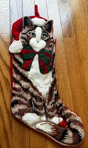 Vintage Needlepoint Tabby Cat Christmas Stocking Cute Kitty Cross Stitch - Picture 1 of 5