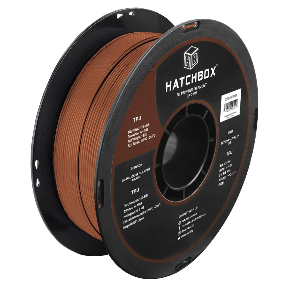 HATCHBOX 1.75mm Brown TPU 3D Printer Filament 1KG Spool Shore 95A Flexible - Image 1 of 4