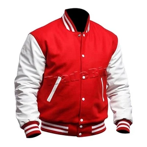 Men's Varsity Bomber Letterman Baseball College Jacket Wool Body Leather Sleeves - Picture 1 of 10