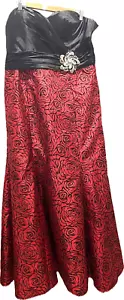 Ever Pretty Size 18 Dress Maxi Strapless Red Rose Skirt Black Satin Bodice Lined - Picture 1 of 11