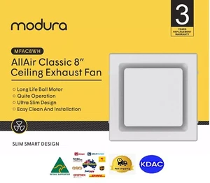 Modura AllAir Classic 8" 250mm Square Ceiling Mounted Duct Exhaust Fan Bathroom - Picture 1 of 7