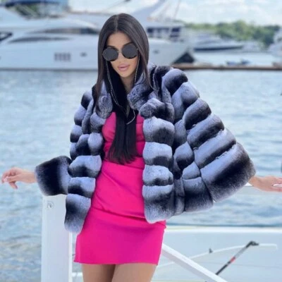 2025Women Real Rex Rabbit Fur Chinchilla Coat Stand Collar New Winter Jackets  - Image 1 of 4