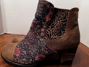 L'Artiste Spring Step Leather Tan/Floral Suede Side Zip Boot Sz. 8 1/2 3" Heel - Picture 1 of 14