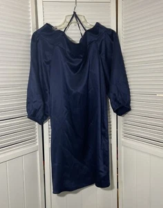 TIBI Dress Womens 8 Navy Satin Off Shoulder Half Sleeve NWT Short A-Line Shift - Picture 1 of 14