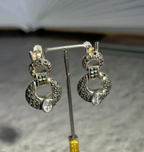 STERLING SILVER  AND MARCASITE EARRINGS - 1" LONG - Picture 1 of 3