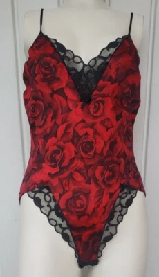 Vintage Red Velvet Teddy Bodysuit Playsuit Size Medium Roses Lace Lingerie - Image 1 of 4