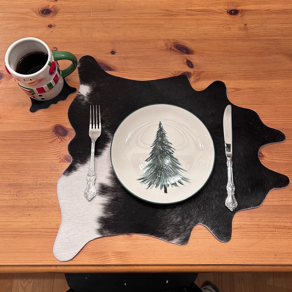 COWHIDES USA Cowhide Place Mat and Coaster Set - Grey, Black and White Size: 19X17 inch