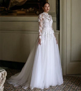 Boho A-Line Wedding Dresses High Neck Long Sleeved Lace 3D Floral Bridal Gowns - Picture 1 of 12