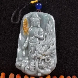 Certified Green yellow 100% Natural A JADE Jadeite pendant Dragon Bodhisattva 97 - Picture 1 of 10
