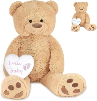 Coffret Cadeau Bébé Ours 100 cm Blanc Nounours + Coeur en Peluche Bleu / Rose - Photo 1/4