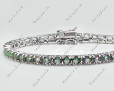 Bracciale Topazio Mistico Fuoco Taglio Tondo 4 MM Argento Sterling 925 Gioiel... - Immagine 1 di 4