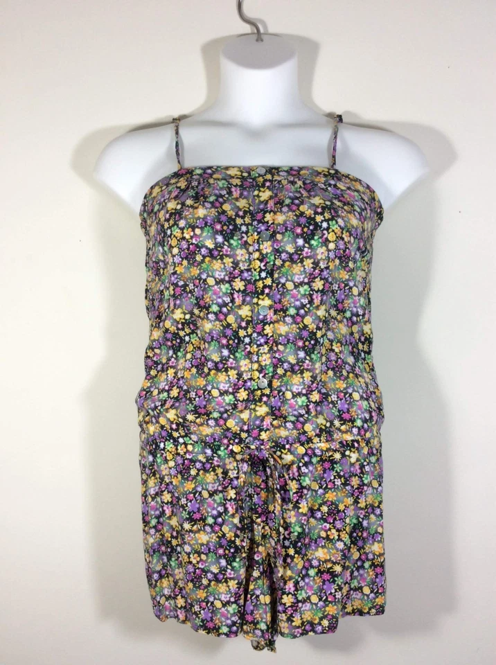 Винтажный 1990-е Aqua Blues, женский черный цветочный комбинезон средний Summer Beach - Изображение 1 из 4