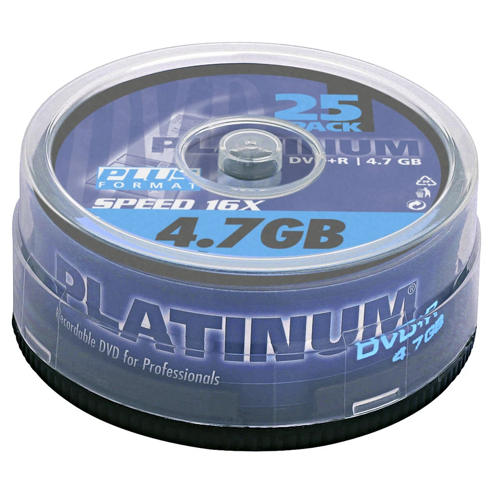 25er Spindel PLATINUM DVD+R 4,7 GB Rohlinge 120 Minuten Aufnahmezeit 16x Speed - Bild 1 von 1