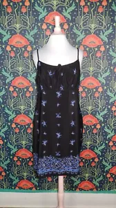 Vintage 90's Y2K Black Blue Peasant Floral Coquette Grunge Slip Dress - Picture 1 of 6
