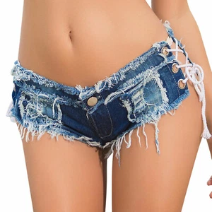 Women Denim Frayed Hot Pants Jeans Shorts Low Waist Lace up Sexy Shorts Clubwear - Picture 1 of 99