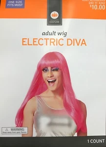 Womens Adult Halloween Costume Wig Electric Diva Hot Pink Long Straight Bangs - Picture 1 of 3