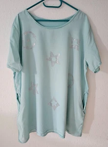 Neu: Bluse Tunika Lagenlook Gr 48/50 Bw/Leinen türkis Glitzerblumen Italia Moda - Bild 1 von 7