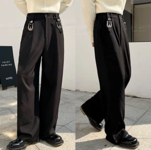 Pantaloni uomo dritti gamba larga casual cintura fibbia design vita alta punk - Foto 1 di 12