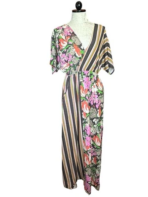 Judith March Striped Floral Maxi Dress Lined Bodice Tank Textured Boho VTG Look - Image 1 of 4
