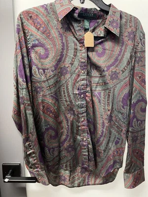 Blusa Ralph Lauren Etiqueta Verde Púrpura Paisley Damas Abotonada - Talla L Foto 1 de 4
