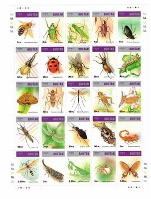 Hoja de 25 estampillas de insectos y arácnidos de Bután Scott #1143. M.N.H. Foto 1 de 2