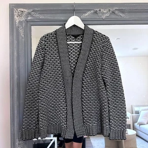 Talbots Wool Blend Textured Open Front Cardigan Sweater in Black White Medium - Picture 1 of 7