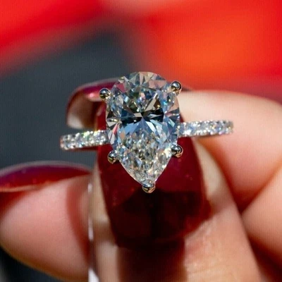 3.10 Ctw Pear-Cut Lab Created  Diamond Solitaire Ring 14K White Gold Plated 925 - Image 1 of 4