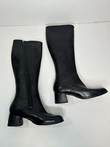 Vintage 60s Black Mod Go-Go Boots Size 7 Waterproof Faux Leather Zip Heel - Picture 1 of 17