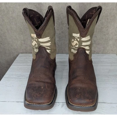 Niños Durango Botas Occidentales Cuero Marrón Bandera EE. UU. Lona Puntera Cuadrada Talla 3 Niños Foto 1 de 4