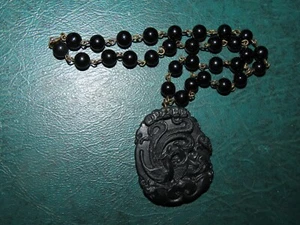 PHOENIX BIRD JADEITE PENDANT GLASS BEADS 16" VINTAGE NECKLACE  BRASS CHAIN - Picture 1 of 2