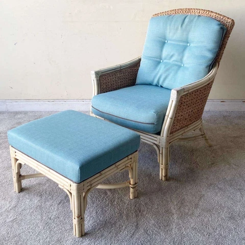 Boho Chic Bamboo Rattan and Seagrass Lounge Chair With Ottoman Cover