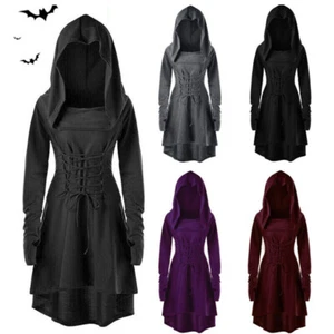 Womens Gothic Punk Cosplay Cloak Cape Coat Halloween Witch Costume Hooded Dress - Picture 1 of 16